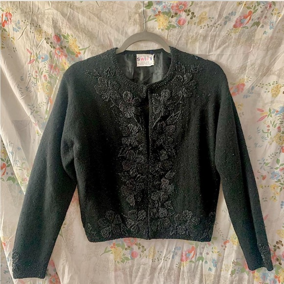 True Vintage Black rabbit fur beaded Embroidered Cardigan